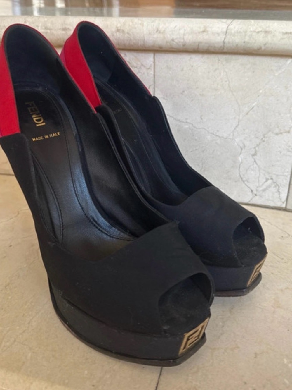 Fendi Black Peep-Toe Platform Pumps with Red Heel Accent